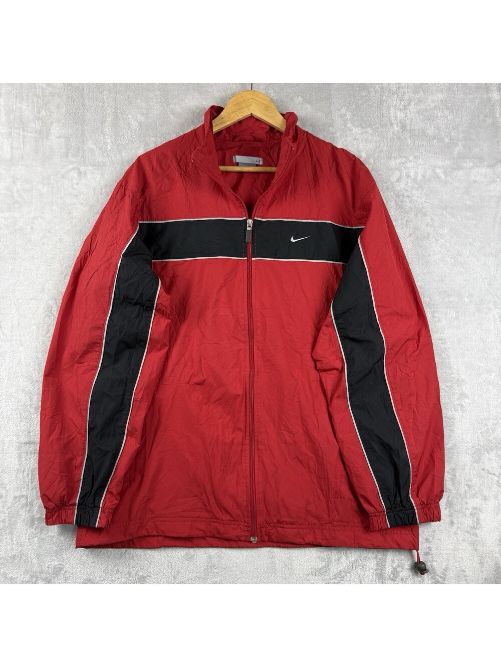 VTG Nike Red Black Full Zip Windbreaker Jacket MenL Swoosh Athletic Track Y2K